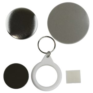 Components to make a 45mm mirror keyring in a badge maker. Includes round metal front, white plastic circular keyring, mirror, sticky pad and clear plastic film circles